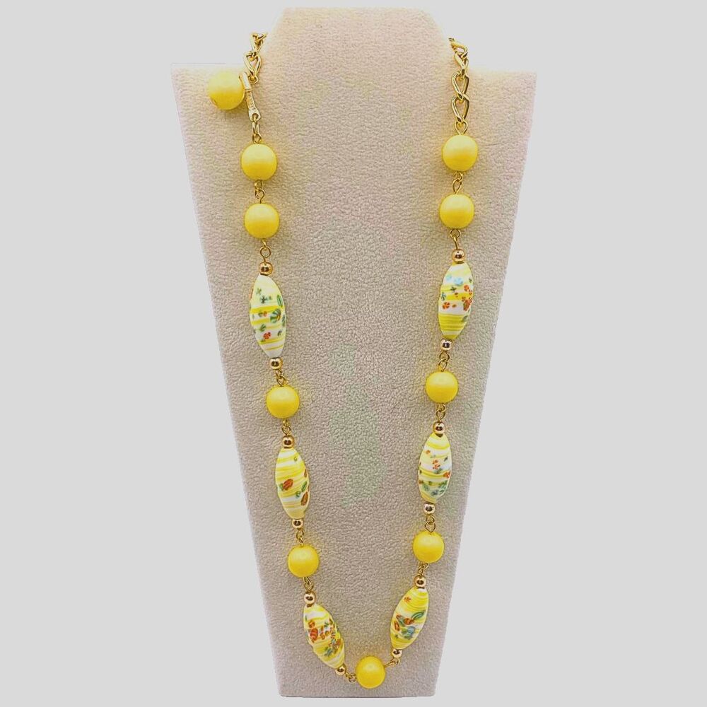 Japanese Tombo Glass Signed Japan Yellow Millefiori Bead 18in Necklace VTG 1950s